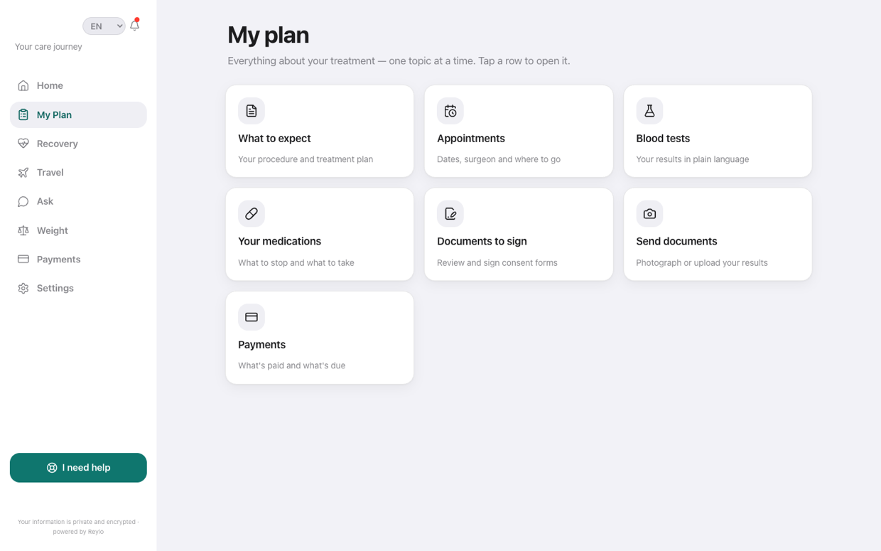 Patient portal treatment plan screen