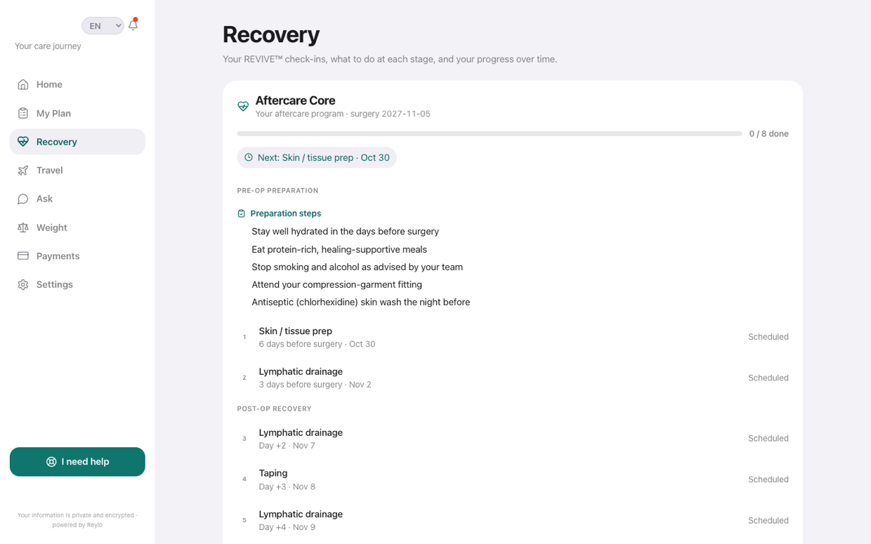 Patient portal recovery and care plan screen